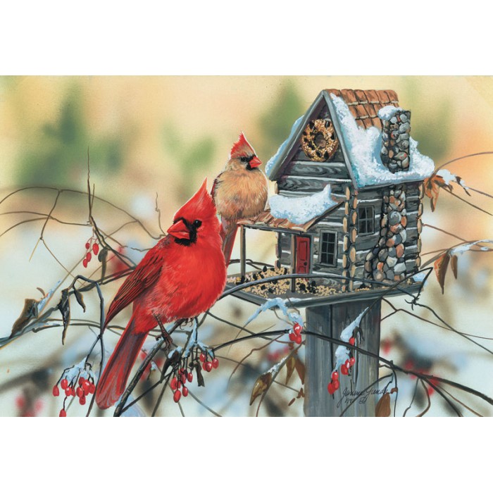 Puzzle Sunsout-30624 Janene Grende - Cardinal's Rustic Retreat